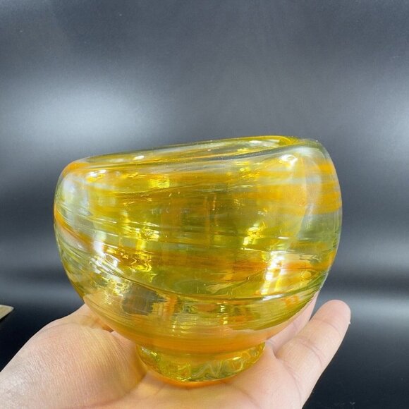 Hand Blown Bowl Dish Hand Made With Orange Yellow Swirls Crafted Glass Bowl Dish - Picture 11 of 16